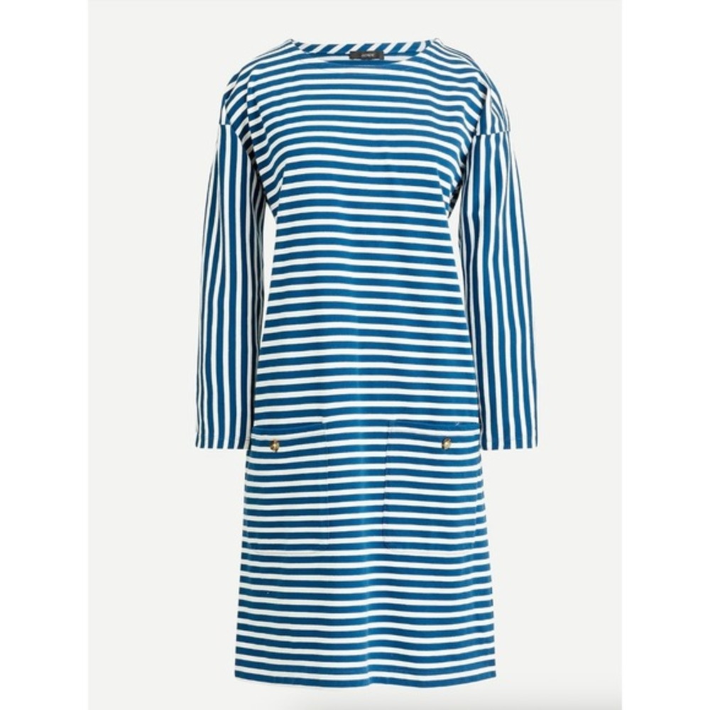 J.Crew T-Shirt Knit‎ Front-Pocket Shift Dress Blue White Nautical Stripe Small